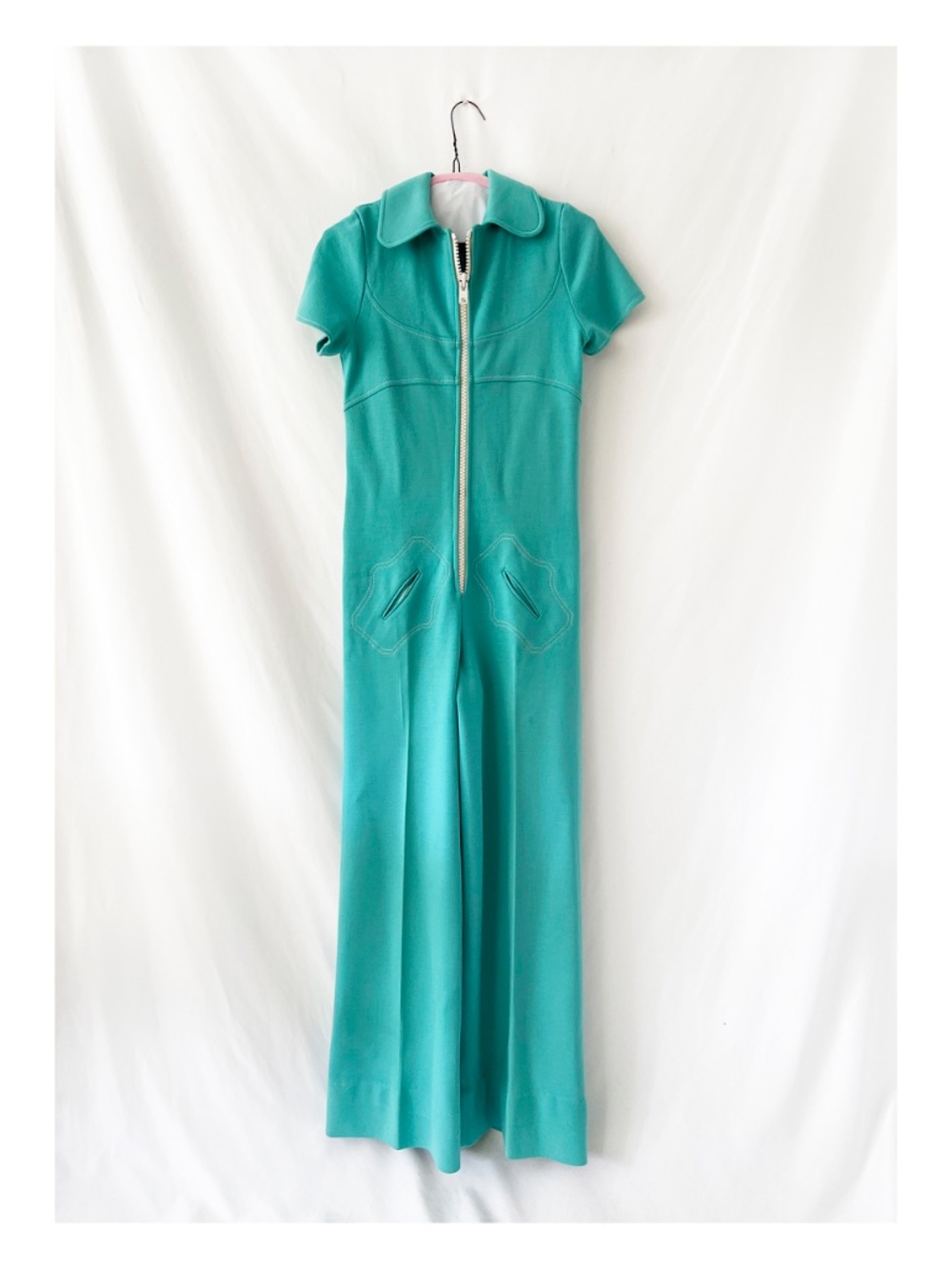 1970s French jumpsuit turquoise zippered wool one piece  small